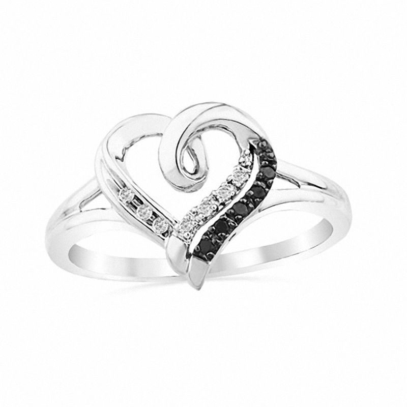 Enhanced Black and White Diamond Heart Promise Ring in Sterling Silver