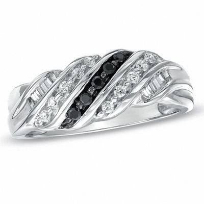 0.25 CT. T.W. Enhanced Black and White Baguette Diamond Slant Ring in Sterling Silver