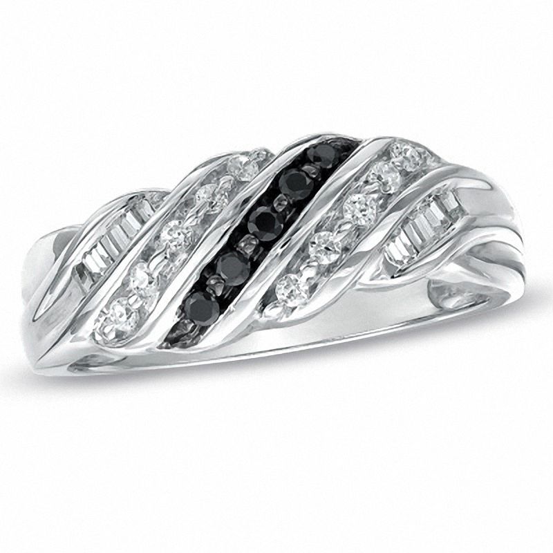 0.25 CT. T.W. Enhanced Black and White Baguette Diamond Slant Ring in Sterling Silver