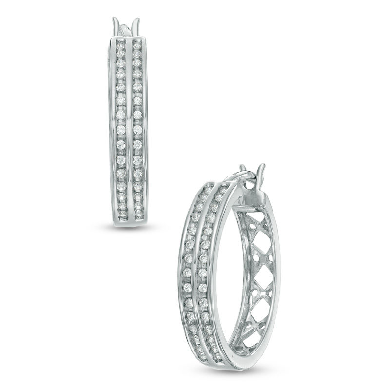 0.25 CT. T.W. Diamond Double Row Hoop Earrings in Sterling Silver|Peoples Jewellers