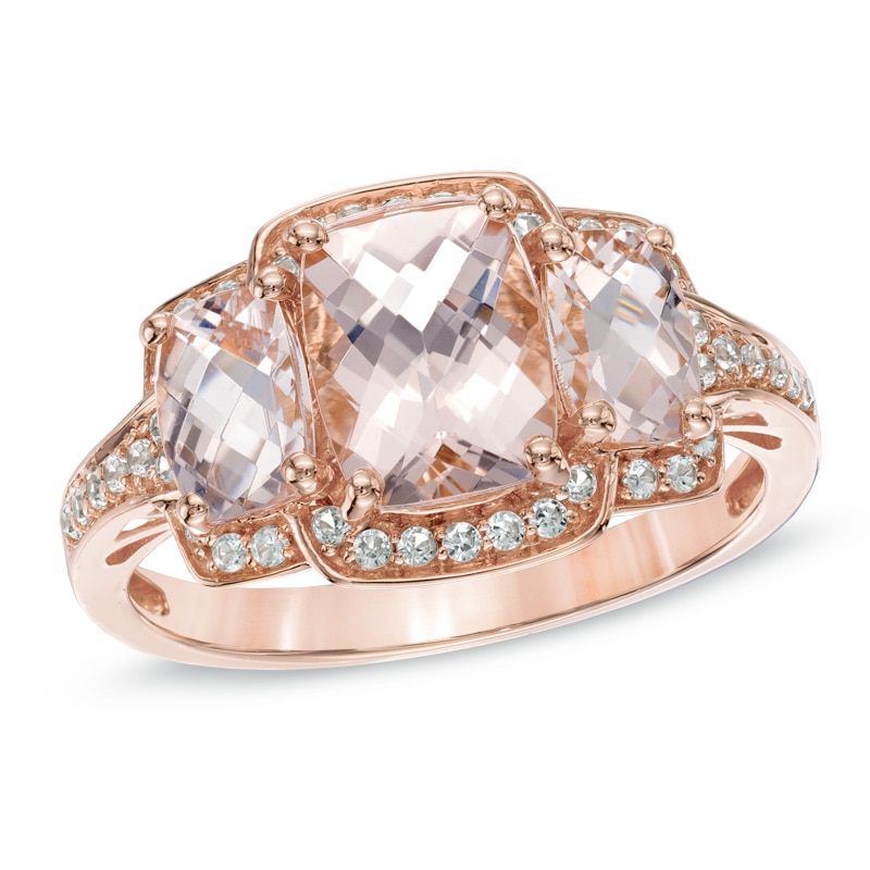 Cushion-Cut Morganite and Lab-Created White Sapphire Three Stone Ring in 10K Rose Gold