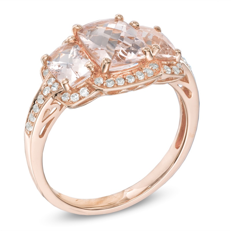 Cushion-Cut Morganite and Lab-Created White Sapphire Three Stone Ring in 10K Rose Gold