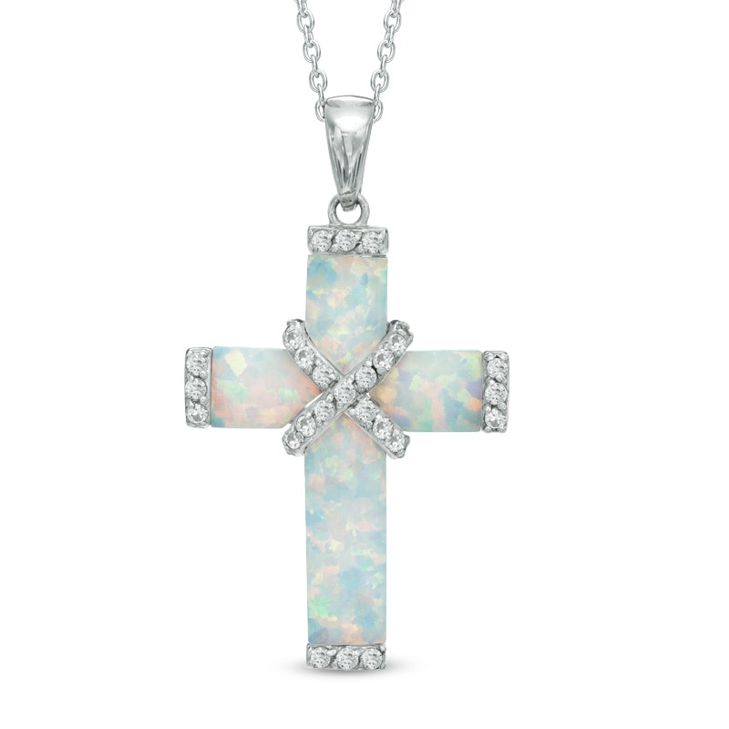Main Image 1 of Lab-Created Opal and White Sapphire Cross Pendant in Sterling Silver
