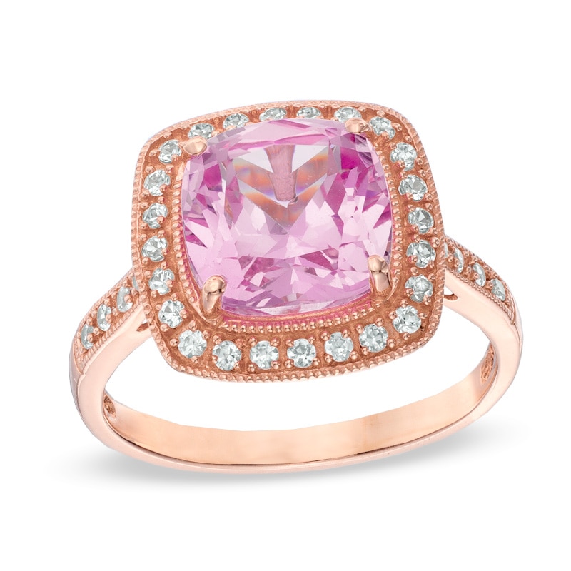 9.0mm Cushion-Cut Lab-Created Pink and White Sapphire Ring in Sterling Silver with 14K Rose Gold Plate