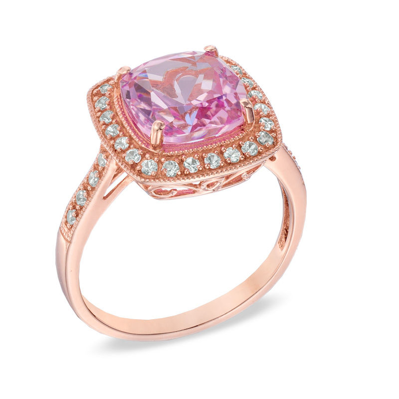 Main Image 2 of 9.0mm Cushion-Cut Lab-Created Pink and White Sapphire Ring in Sterling Silver with 14K Rose Gold Plate