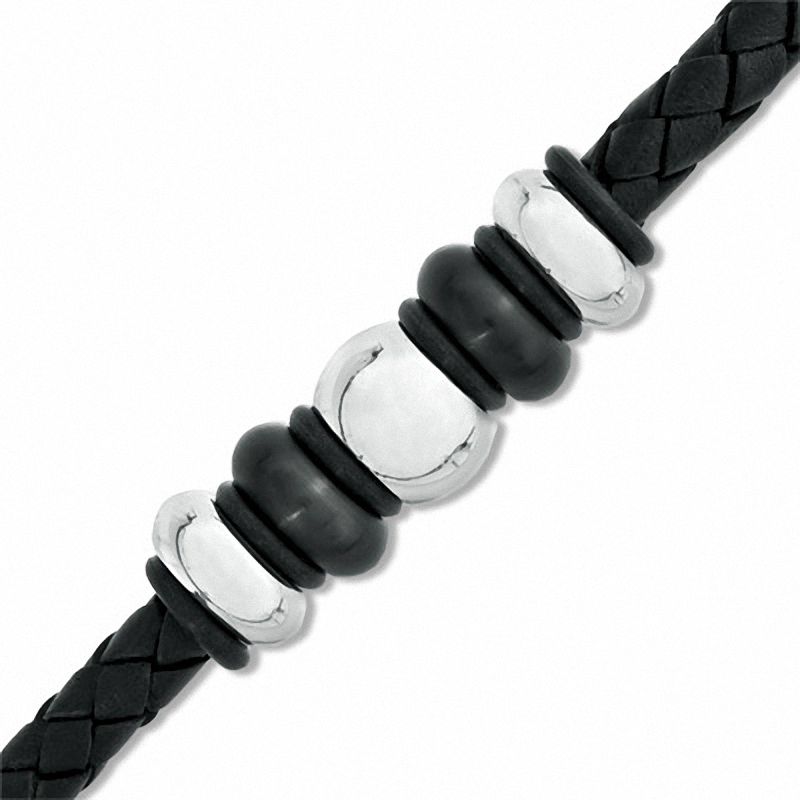 Men's Black Braided Leather and Two-Tone Stainless Steel Bead Bracelet - 8.75"|Peoples Jewellers