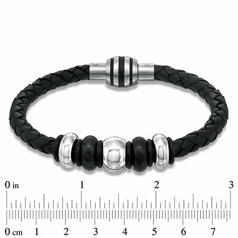 Black Braided Leather and Two-Tone Stainless Steel Bead Bracelet - 8.75"