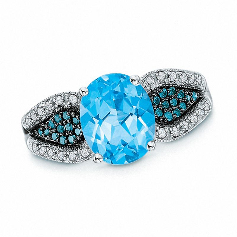 Oval Swiss Blue Topaz and 0.27 CT. T.W. Enhanced Blue and White Diamond Ring in 10K White Gold