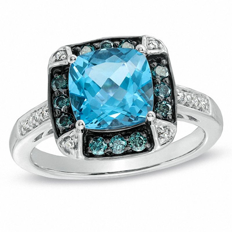 8.0mm Cushion-Cut Swiss Blue Topaz and 0.34 CT. T.W. Enhanced Blue and White Diamond Frame Ring in 10K White Gold