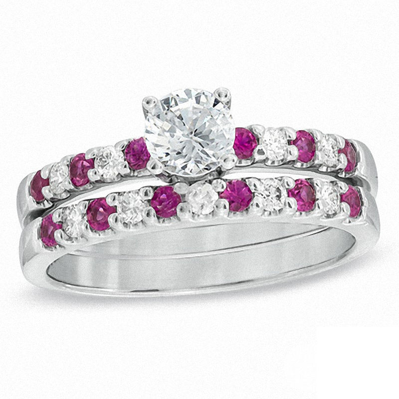 0.72 CT. T.W. Certified Canadian Diamond and Pink Sapphire Bridal Set in 14K White Gold (I/I1)
