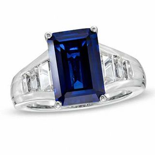 Emerald-Cut Lab-Created Ceylon and White Sapphire Ring in Sterling Silver