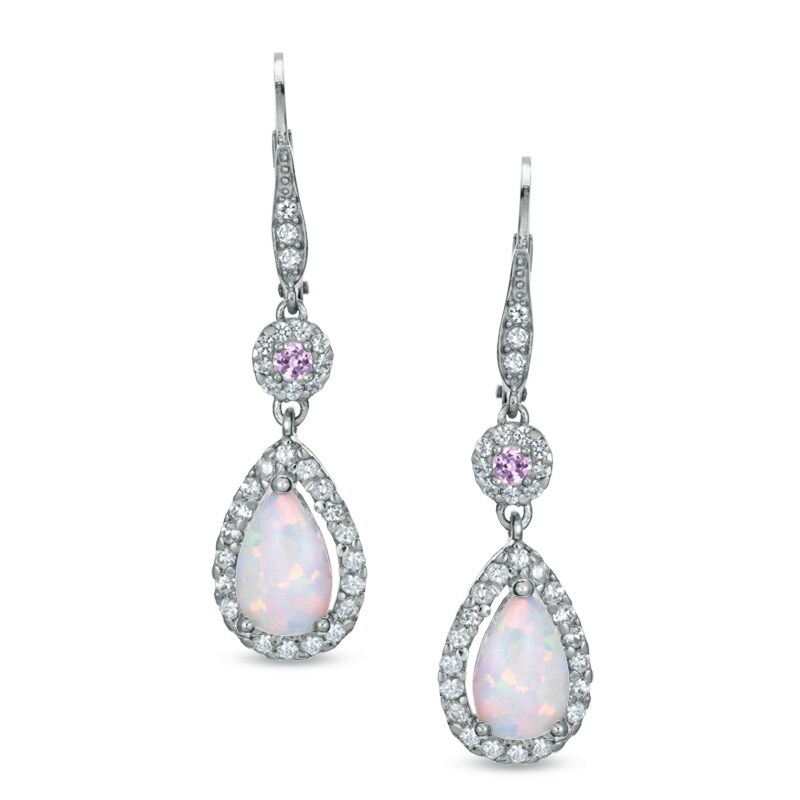 Pear-Shaped Lab-Created Opal and Pink and White Sapphire Drop Earrings in Sterling Silver