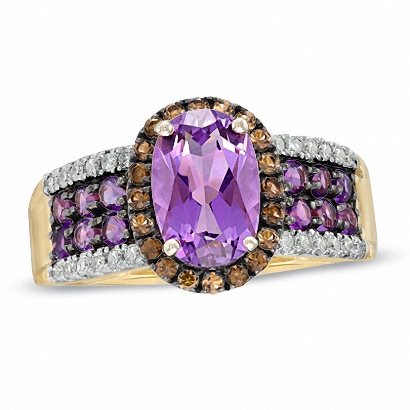 Oval Amethyst, Smoky Quartz and 0.13 CT. T.W. Diamond Ring in 10K Gold