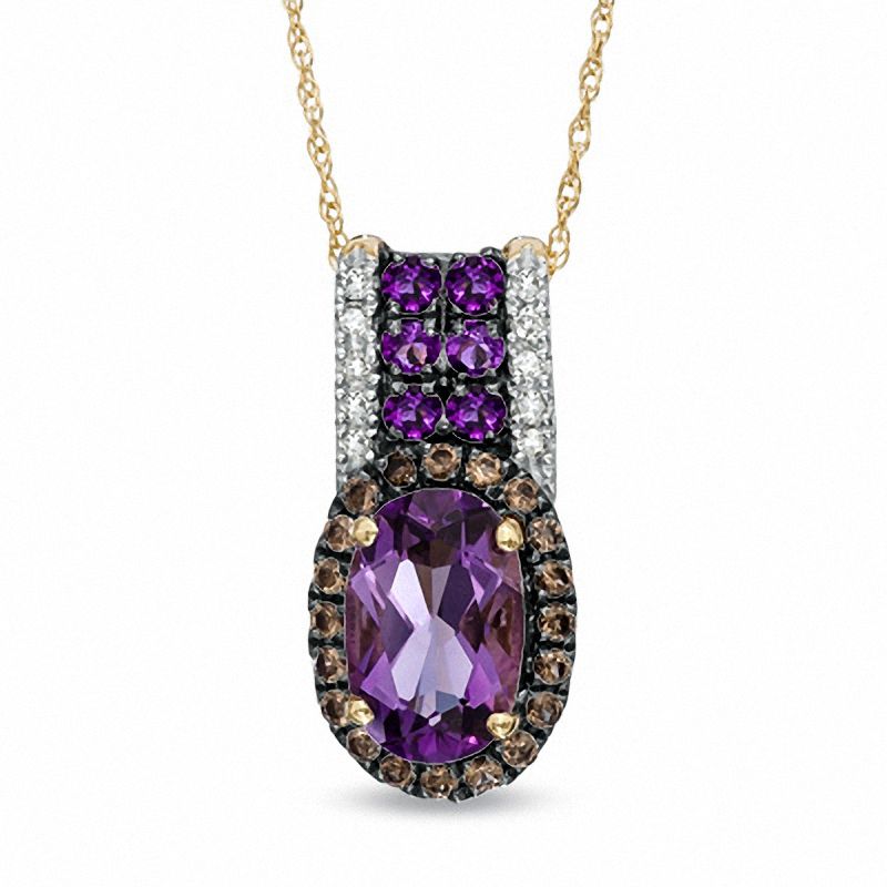 Oval Amethyst, Smoky Quartz and Diamond Accent Pendant in 10K Gold