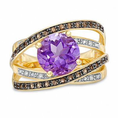 9.0mm Amethyst, Smoky Quartz and Diamond Accent Orbit Ring in 10K Gold