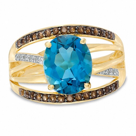 Oval London Blue Topaz, Smoky Quartz and Diamond Accent Orbit Ring in 10K Gold