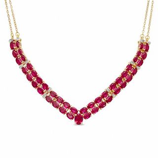 Oval Lab-Created Ruby and Diamond Accent Double Row Chevron Necklace in 14K Gold Vermeil