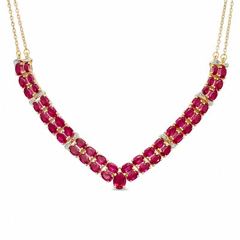 Oval Lab-Created Ruby and Diamond Accent Double Row Chevron Necklace in 14K Gold Vermeil