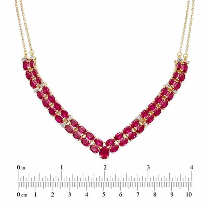 Oval Lab-Created Ruby and Diamond Accent Double Row Chevron Necklace in 14K Gold Vermeil