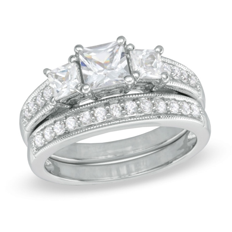 Princess-Cut Lab-Created White Sapphire Three Stone Ring Fashion Set in Sterling Silver|Peoples Jewellers