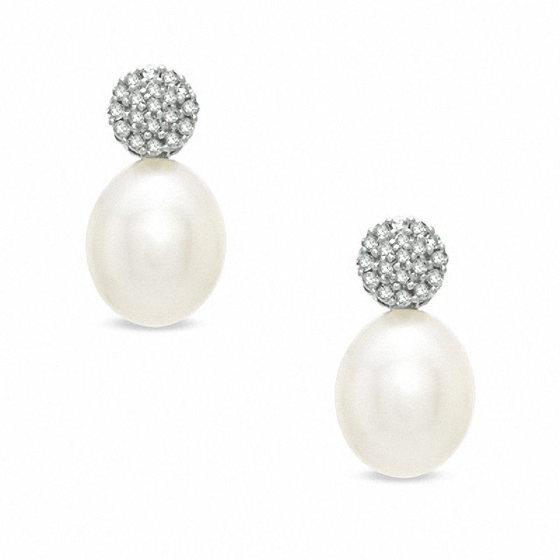 Main Image 1 of Honora 7.5-8.0mm Freshwater Cultured Pearl and Diamond Accent Drop Earrings in Sterling Silver