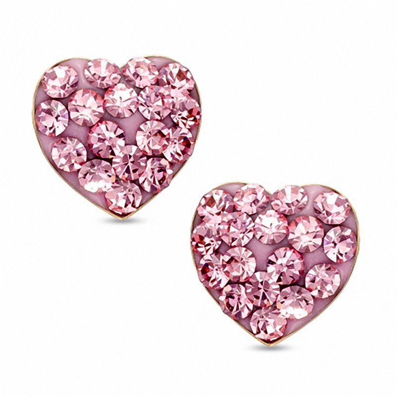 Pink Crystal Heart Stud Earrings in 14K Gold