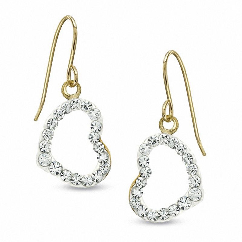White Crystal Heart Dangle Earrings in 14K Gold