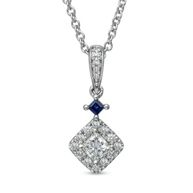 Main Image 1 of Vera Wang Love Collection 0.38 CT. T.W. Princess-Cut Diamond and Blue Sapphire Pendant in 14K White Gold