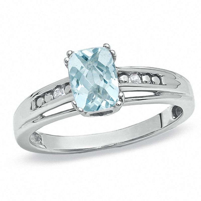Rectangular Aquamarine and Lab-Created White Sapphire Ring in 10K White Gold