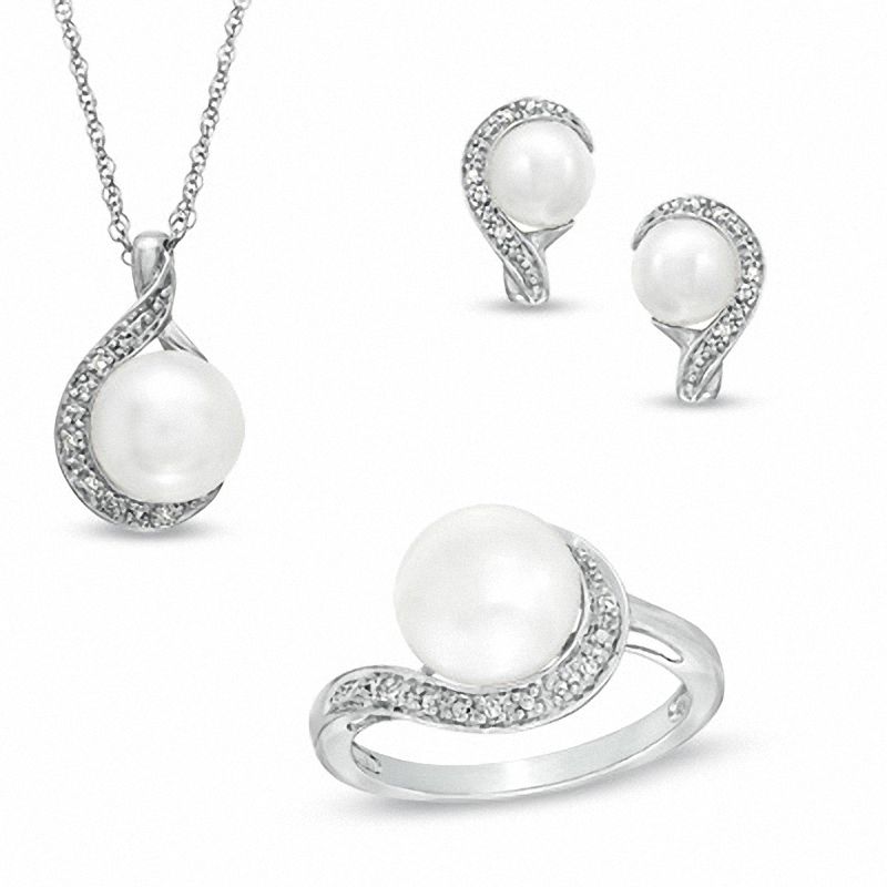 7.0 - 9.0mm Cultured Freshwater Pearl and Diamond Accent Pendant, Ring and Earrings Set in Sterling Silver|Peoples Jewellers