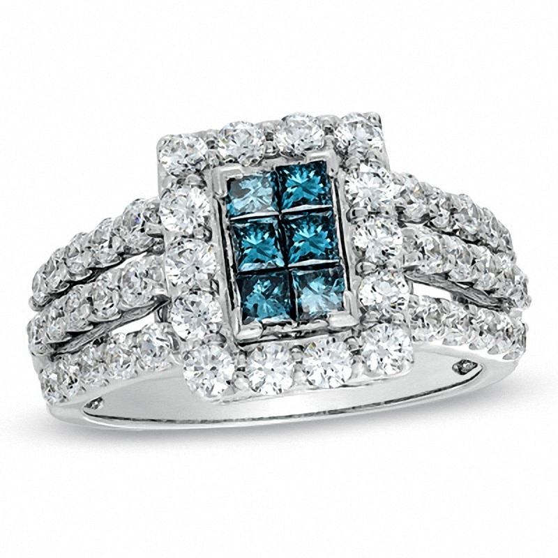 Main Image 1 of 2.00 CT. T.W. Enhanced Blue Composite Princess-Cut and White Diamond Rectangular Frame Ring in 14K White Gold