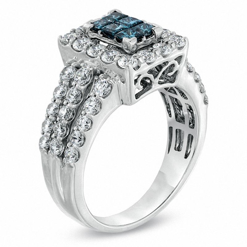 Main Image 2 of 2.00 CT. T.W. Enhanced Blue Composite Princess-Cut and White Diamond Rectangular Frame Ring in 14K White Gold