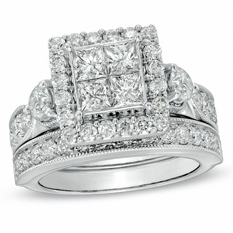 3.00 CT. T.W. Princess-Cut Quad Diamond Square Frame Bridal Set in 14K White Gold