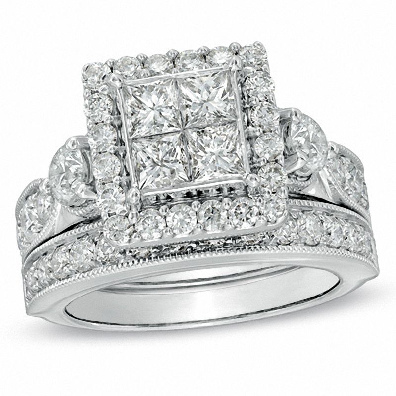 3.00 CT. T.W. Princess-Cut Quad Diamond Square Frame Bridal Set in 14K White Gold|Peoples Jewellers