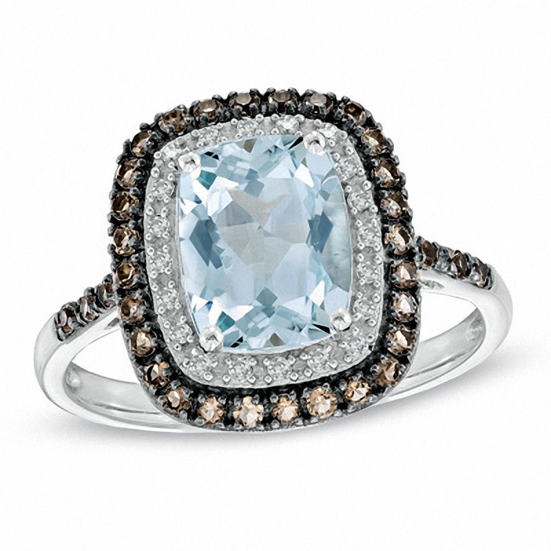 Cushion-Cut Aquamarine, Smoky Quartz and 0.19 CT. T.W. Diamond Ring in 10K White Gold|Peoples Jewellers