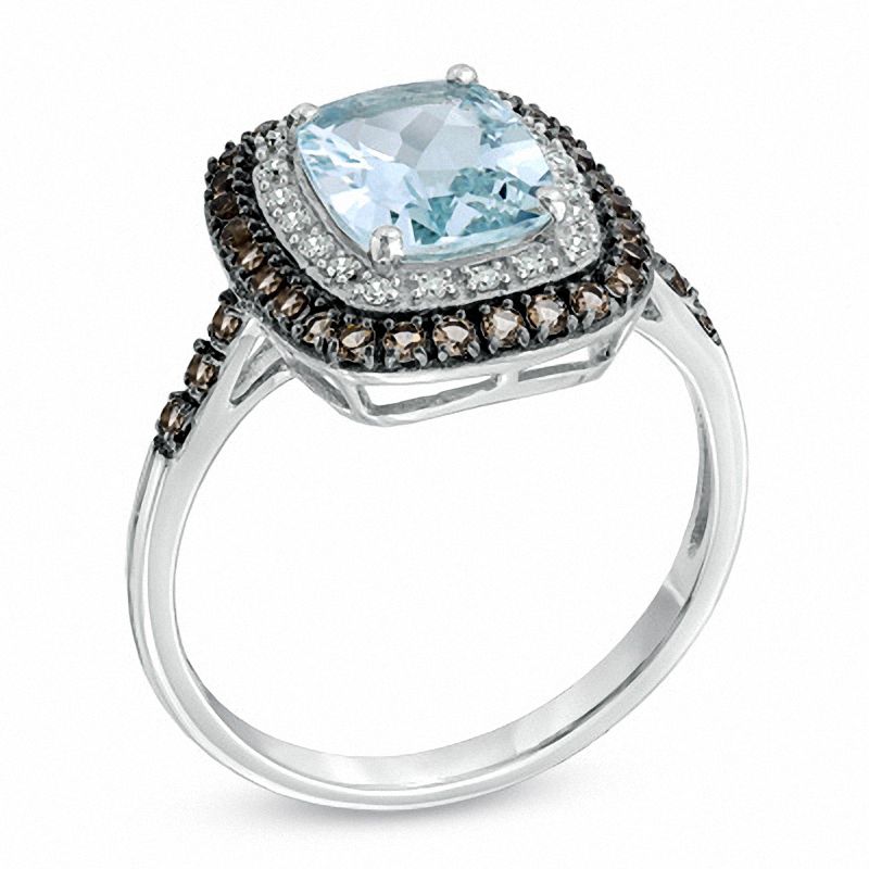Main Image 2 of Cushion-Cut Aquamarine, Smoky Quartz and 0.19 CT. T.W. Diamond Ring in 10K White Gold