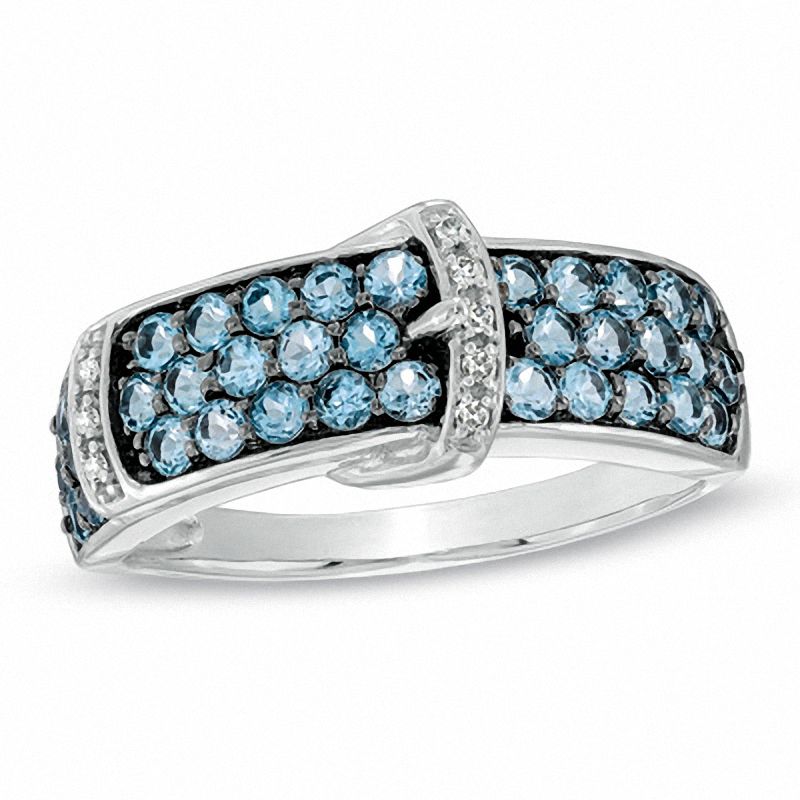 Swiss Blue Topaz and Diamond Accent Buckle Ring in 10K White Gold|Peoples Jewellers