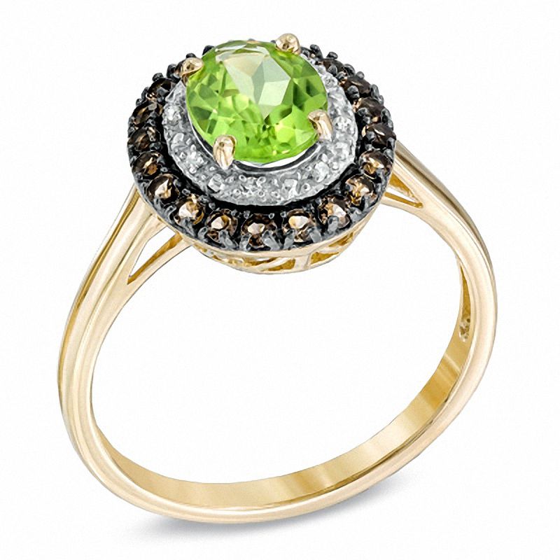 Oval Peridot, Smoky Quartz and Diamond Accent Ring in 10K Gold