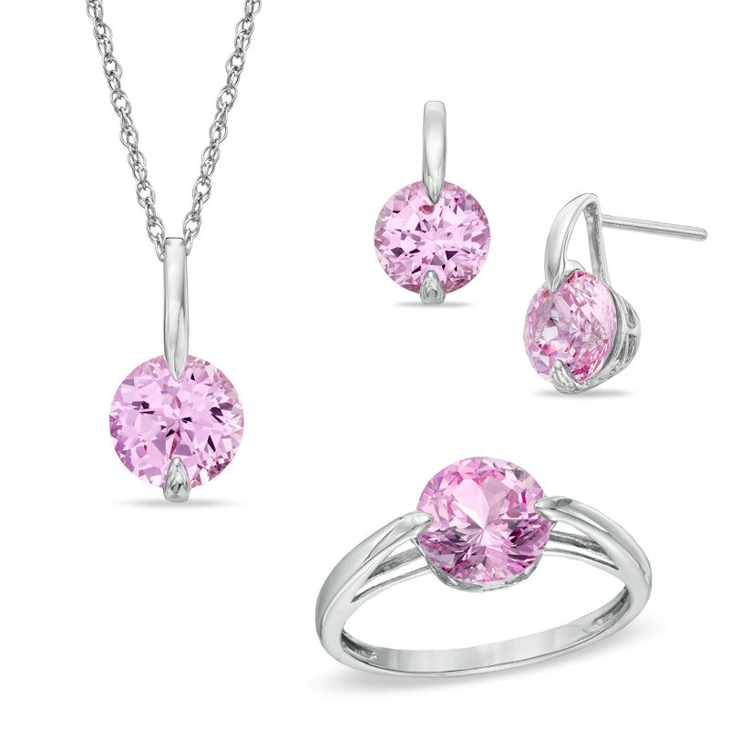 Main Image 1 of Lab-Created Pink Sapphire Pendant, Ring and Earrings Set in Sterling Silver - Size 7