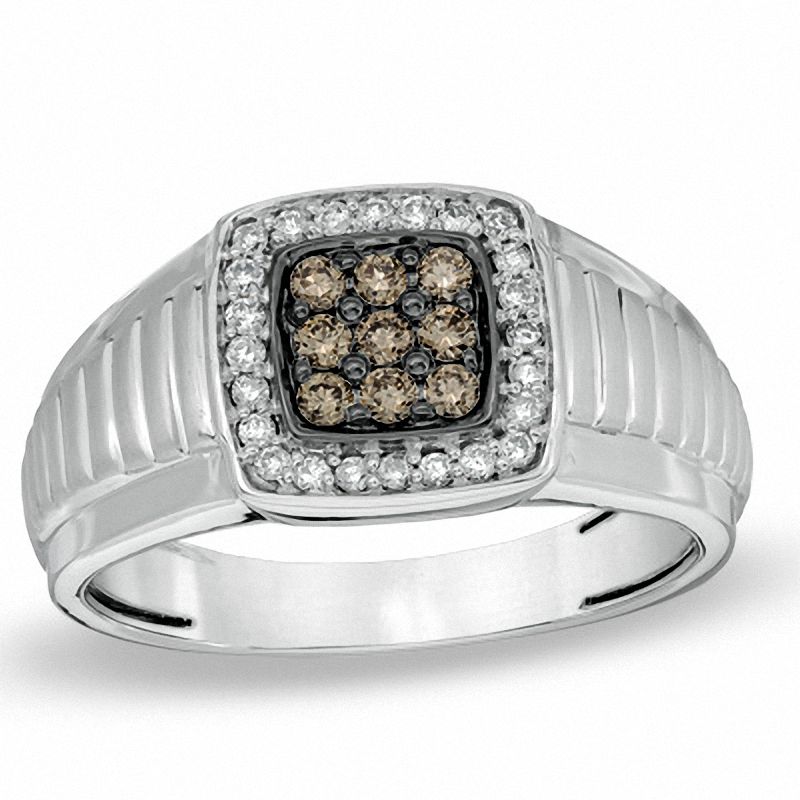 Men's 0.40 CT. T.W. Enhanced Champagne and White Diamond Anniversary Ring in 10K White Gold