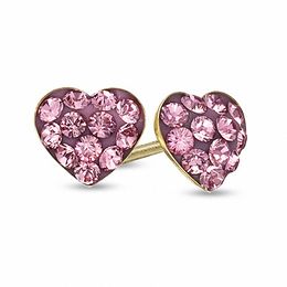 Child's Rose Crystal Heart Earrings in 14K Gold