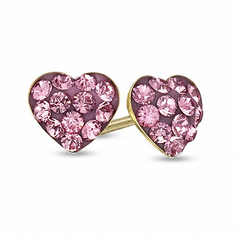 Child's Rose Crystal Heart Earrings in 14K Gold