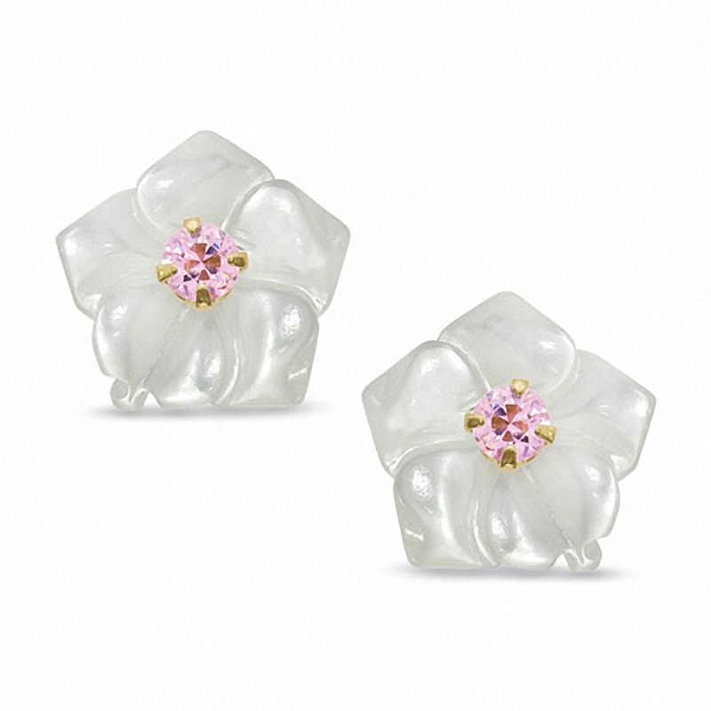 Mother-of-Pearl and Pink Cubic Zirconia Flower Earrings in 14K Gold