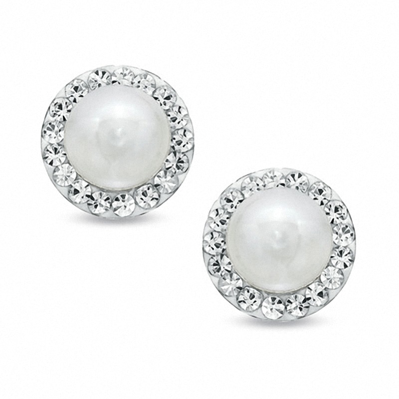 5.75mm Cultured Freshwater Pearl and Crystal Button Earrings in 14K Gold
