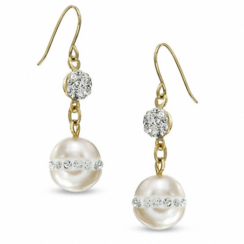 8.0mm Cultured Freshwater Pearl and Crystal Drop Earrings in 14K Gold|Peoples Jewellers