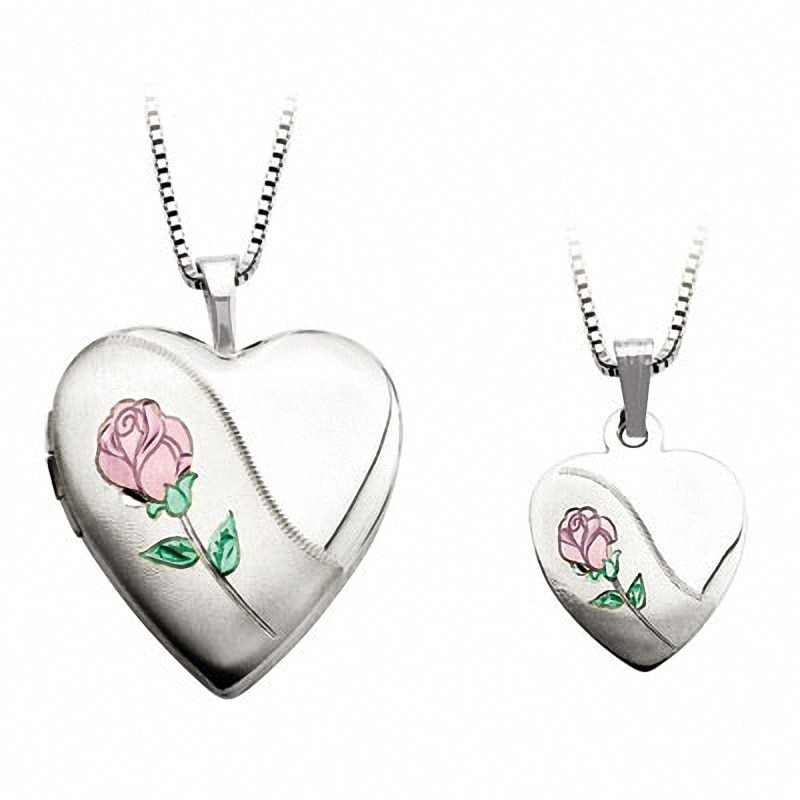 Mother and Daughter Matching Rose Heart Locket and Pendant Set in Sterling Silver