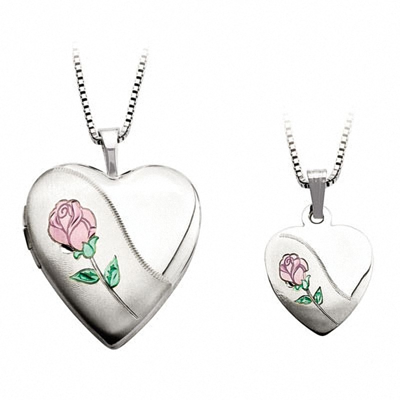 Main Image 1 of Mother and Daughter Matching Rose Heart Locket and Pendant Set in Sterling Silver