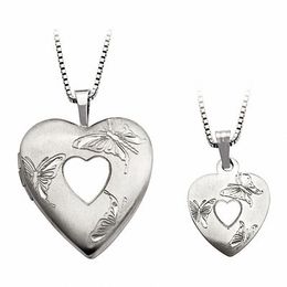 Mother and Daughter Matching Satin-Finish Butterfly Heart Locket and Pendant Set in Sterling Silver