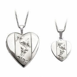 Mother and Daughter Matching Butterfly Heart Locket and Pendant Set in Sterling Silver