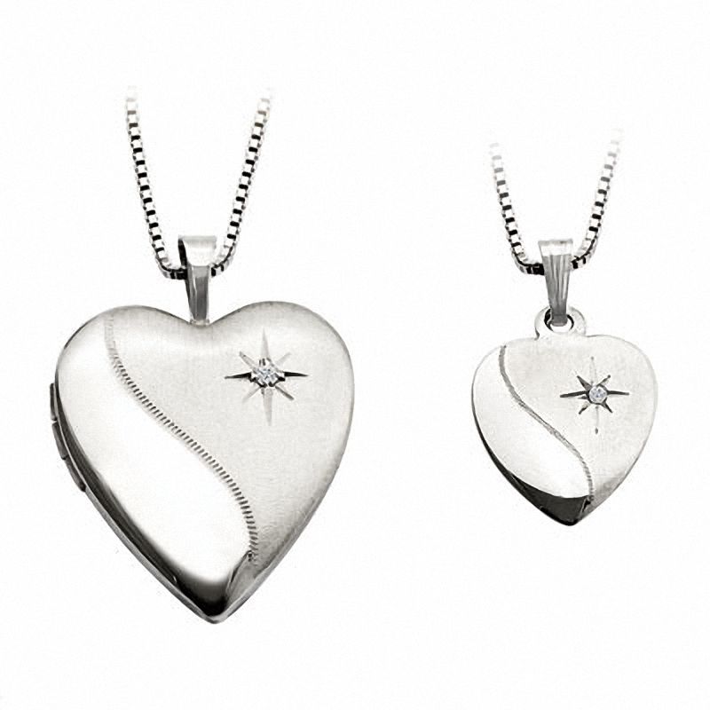 Diamond Accent Mother and Daughter Matching Polished and Satin Heart Locket and Pendant Set in Sterling Silver
